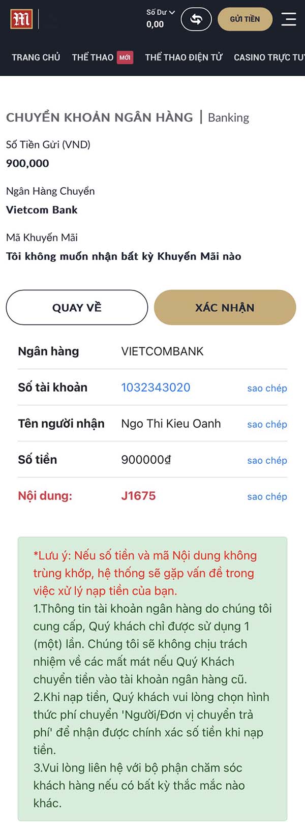 Cách nạp tiền vào M88 bằng Internet Banking Cách nạp tiền vào M88 bằng Internet Banking