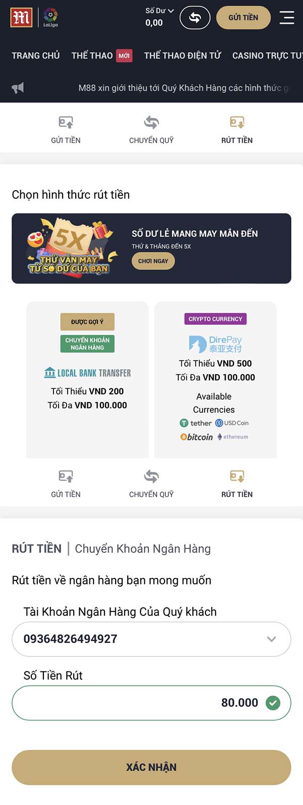 Hướng dẫn rút tiền từ M88 về tài khoản ngân hàng Hướng dẫn rút tiền từ M88 về tài khoản ngân hàng
